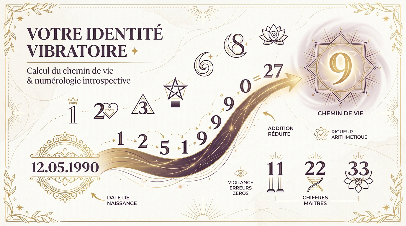 Infographie expliquant le calcul du chemin de vie et l'identité vibratoire en numérologie
