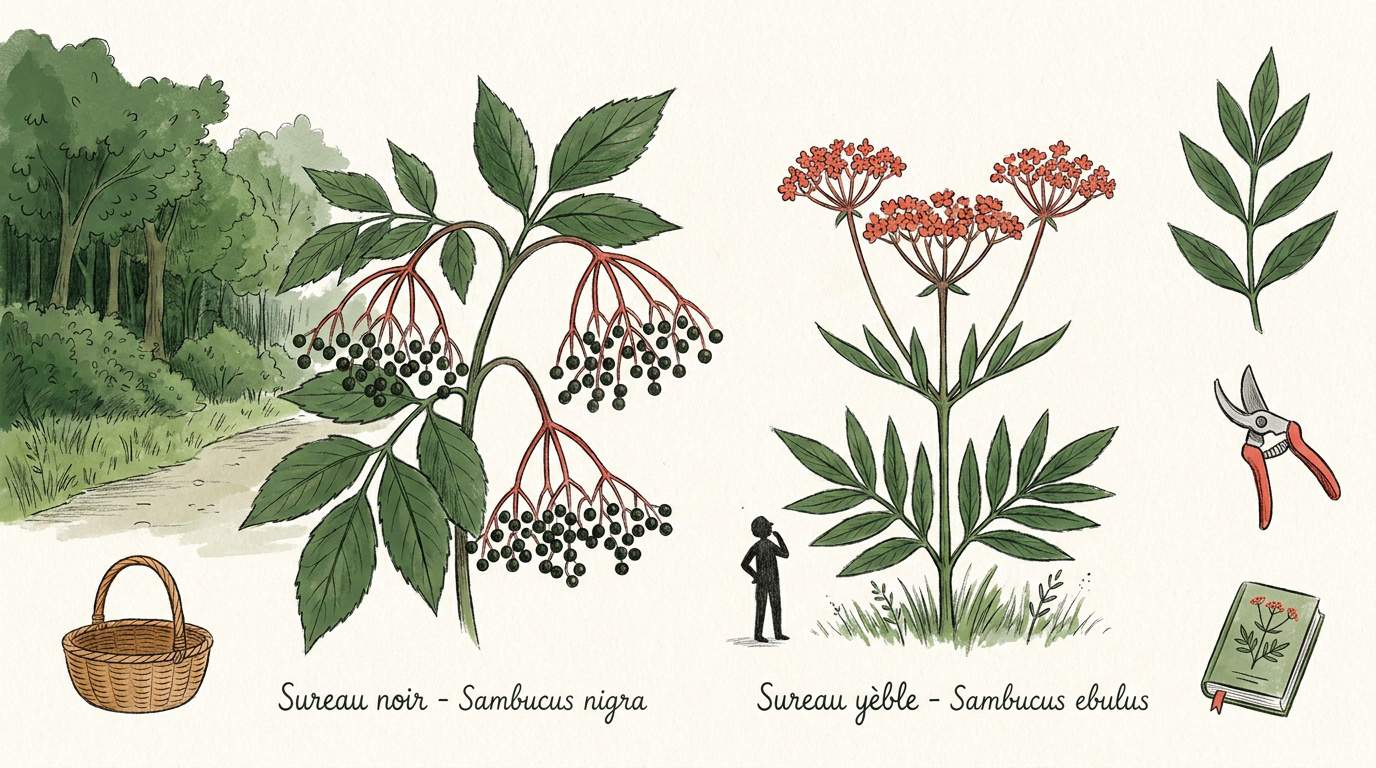 Illustration botanique comparant le sureau noir et le sureau yèble