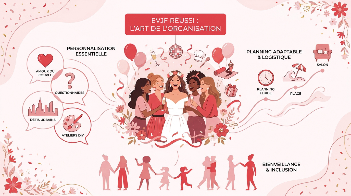 Infographie détaillant les étapes clés pour l'organisation des jeux d'un enterrement de vie de jeune fille réussi