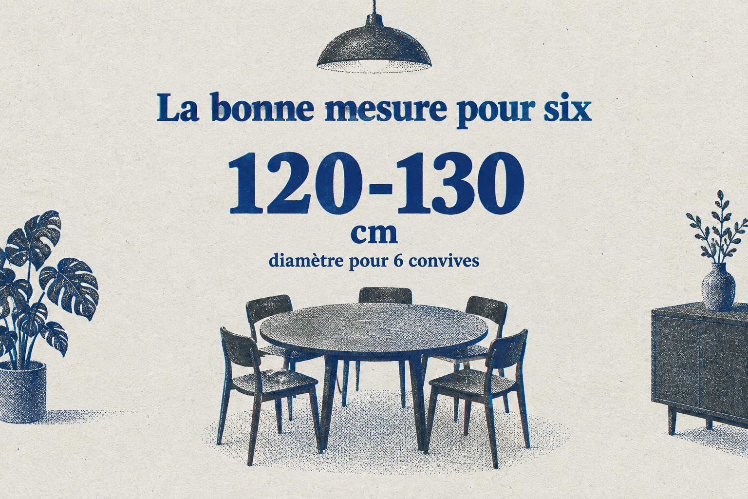 Un chiffre indique qu'un diamètre de 120 à 130 cm convient pour une table ronde de 6 convives.