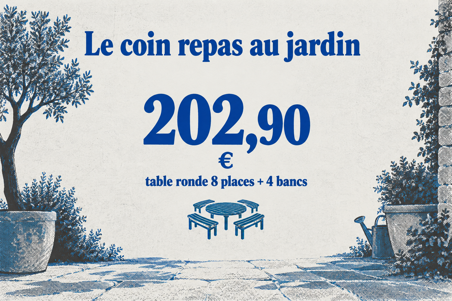 Un prix de 202,90 € pour une table ronde de jardin avec 4 bancs pour 8 personnes.