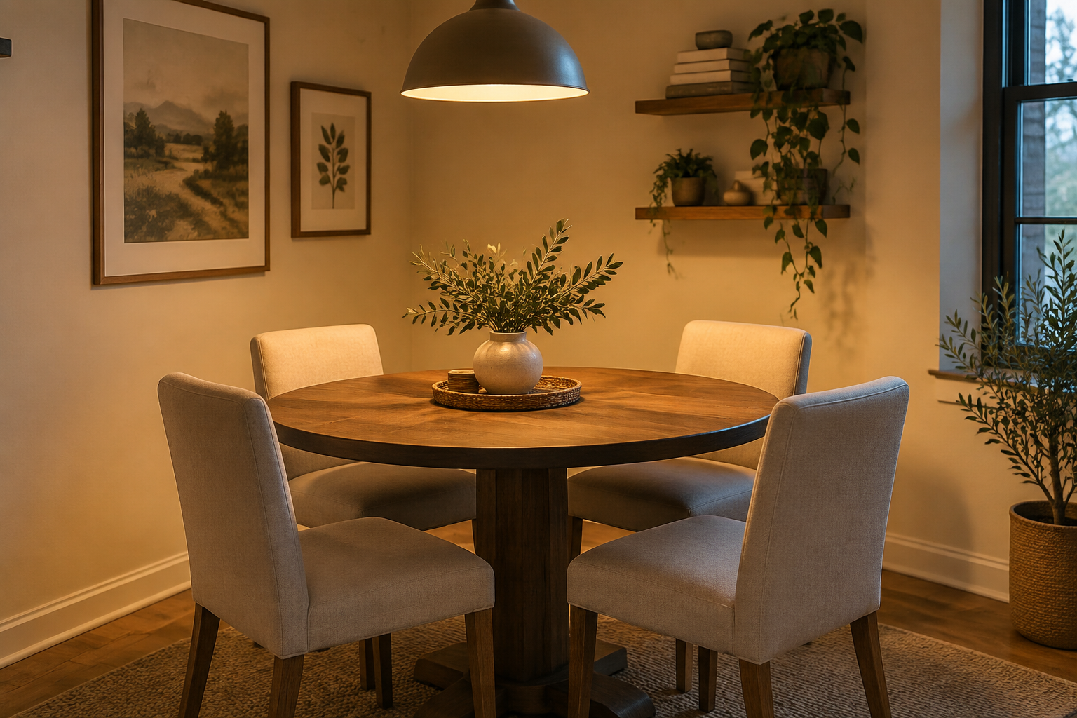 Table ronde dans un angle avec chaises, ambiance chaleureuse