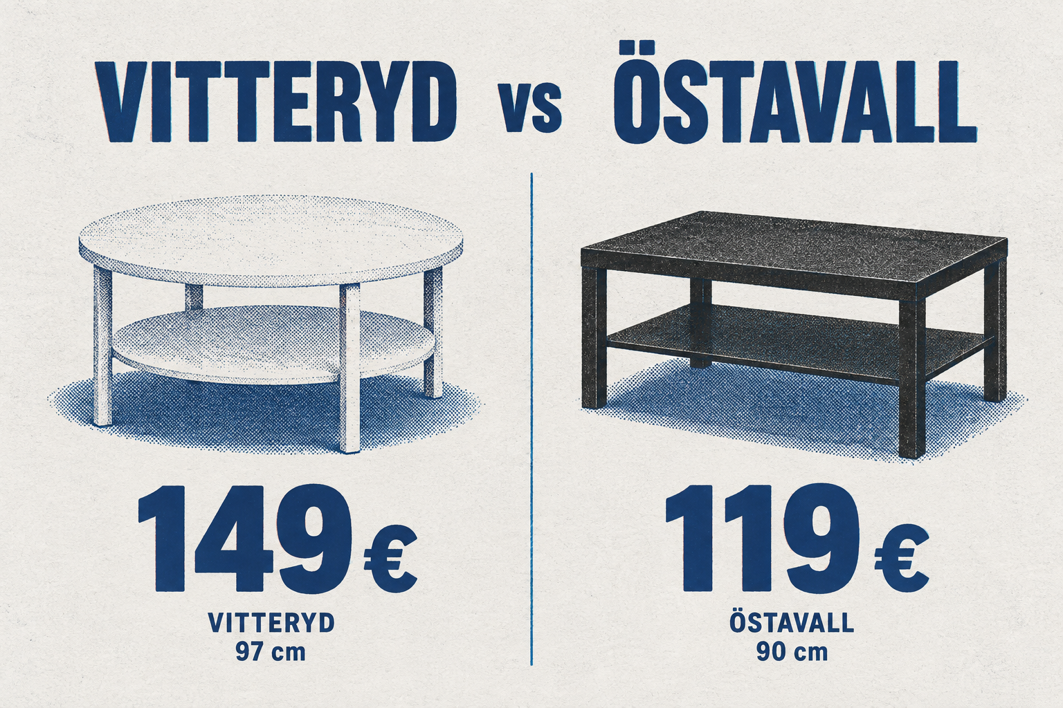 Infographie comparant les prix du VITTERYD (149 €) et de l'ÖSTAVALL (119 €).
