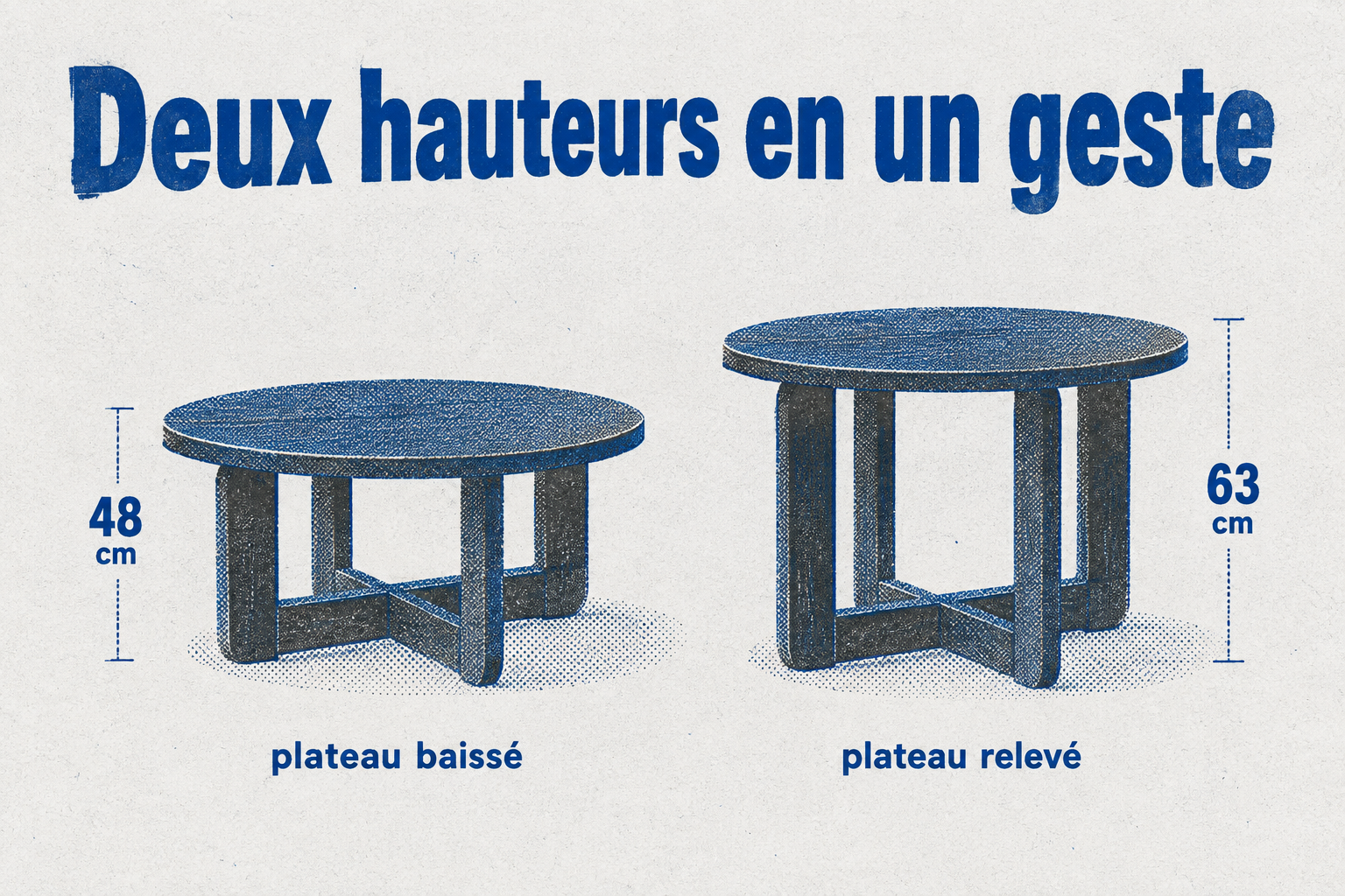 Infographie montrant la table basse ÖSTAVALL à deux hauteurs : 48 cm baissée et 63 cm relevée.