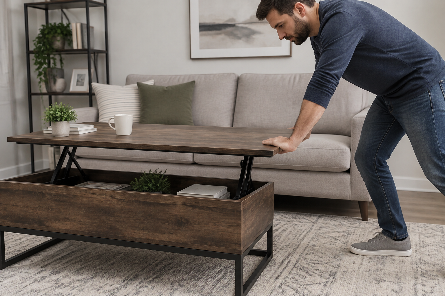Personne testant la stabilité d'une table basse relevable en appuyant sur un coin
