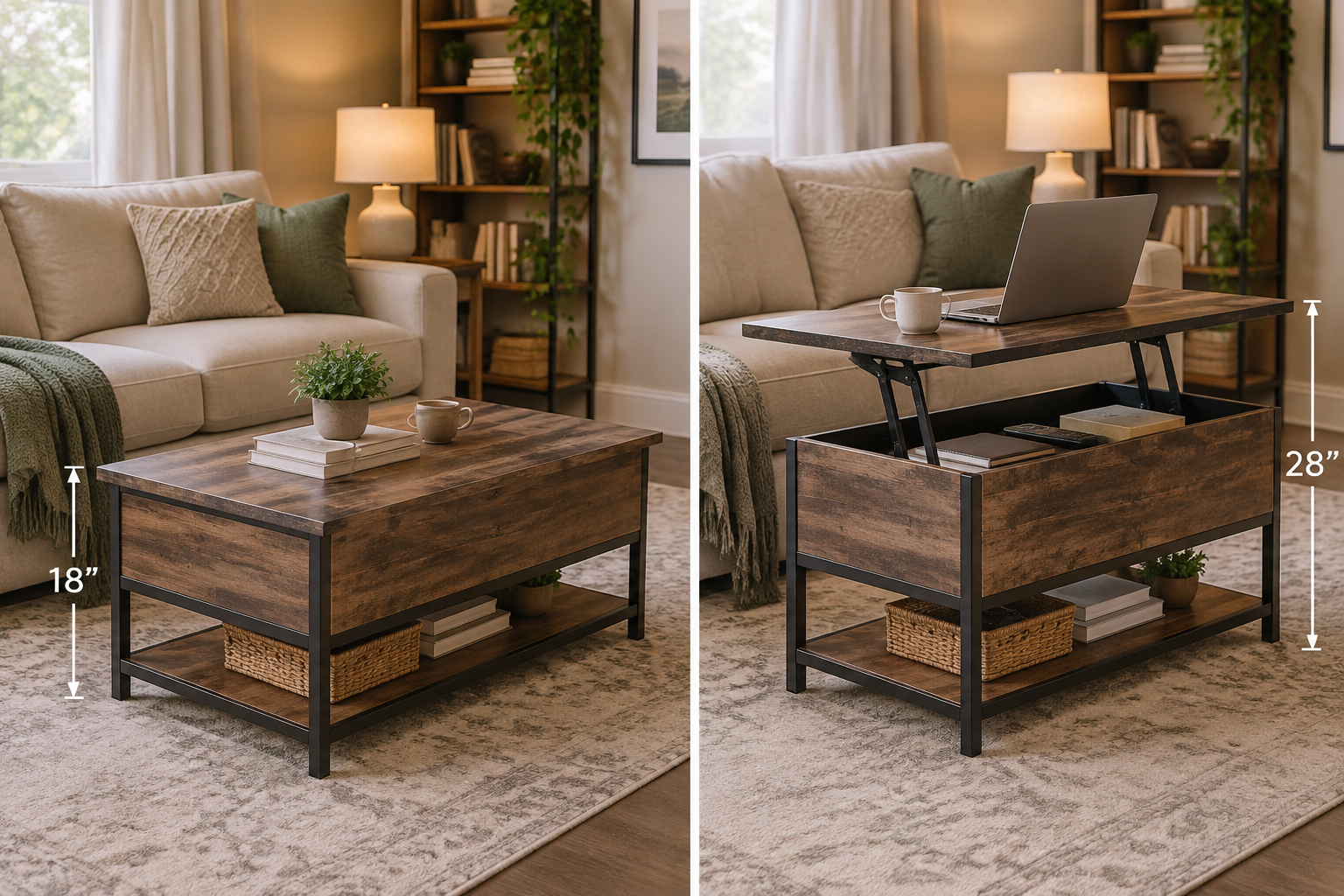Salon avec table basse relevable à côté d'un canapé