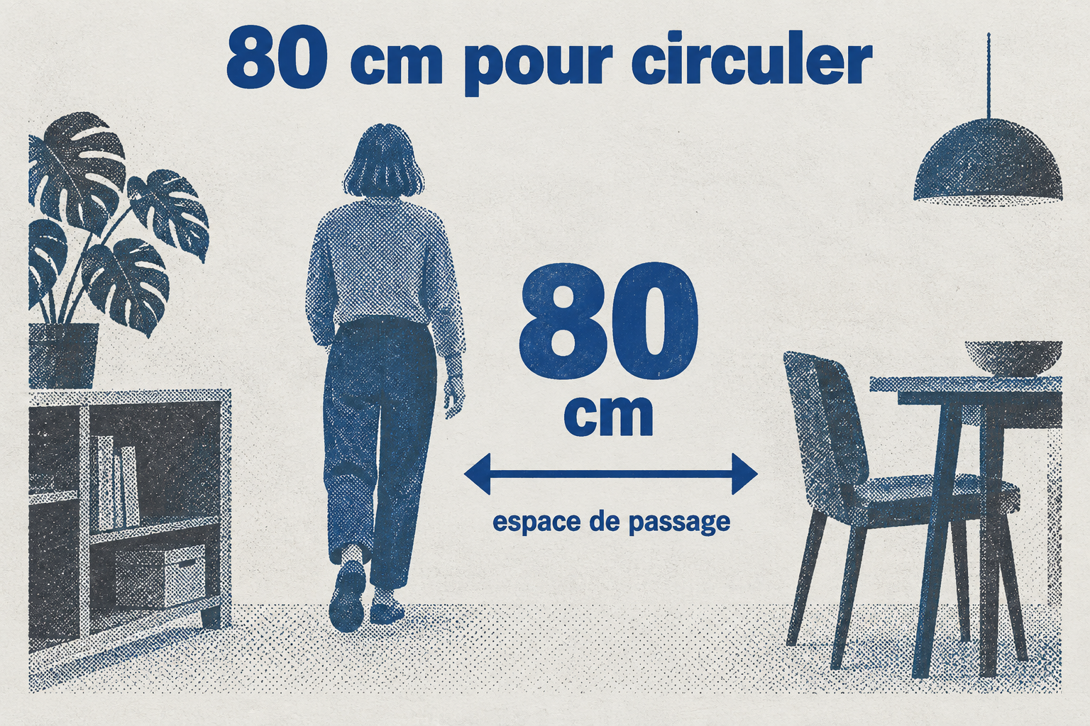 Un grand chiffre 80 centimètres avec l'étiquette « espace de passage » et une icône de circulation.