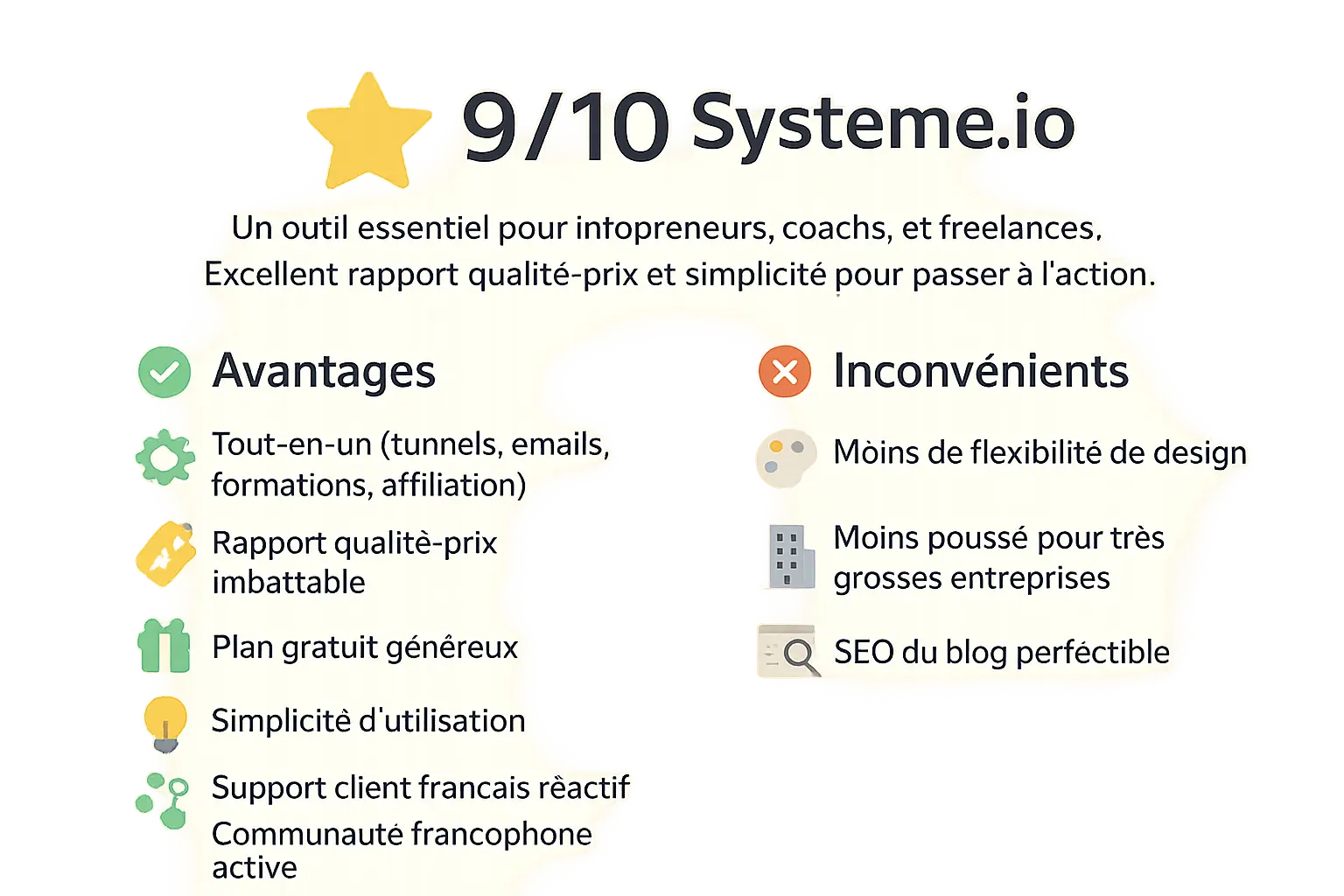 Infographie résumant l'avis sur Systeme.io avec une note de 9 sur 10.