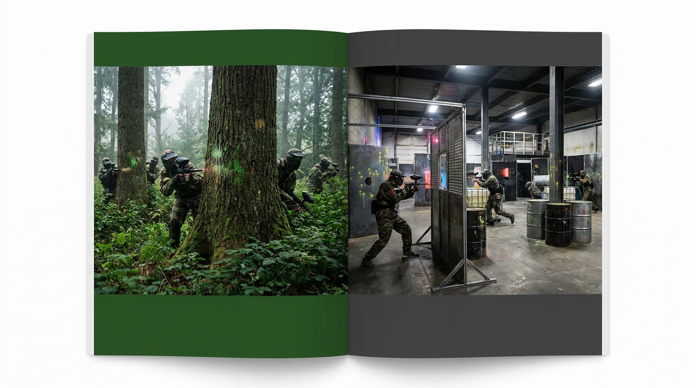 Joueurs de paintball en pleine action sur un terrain boisé en extérieur
