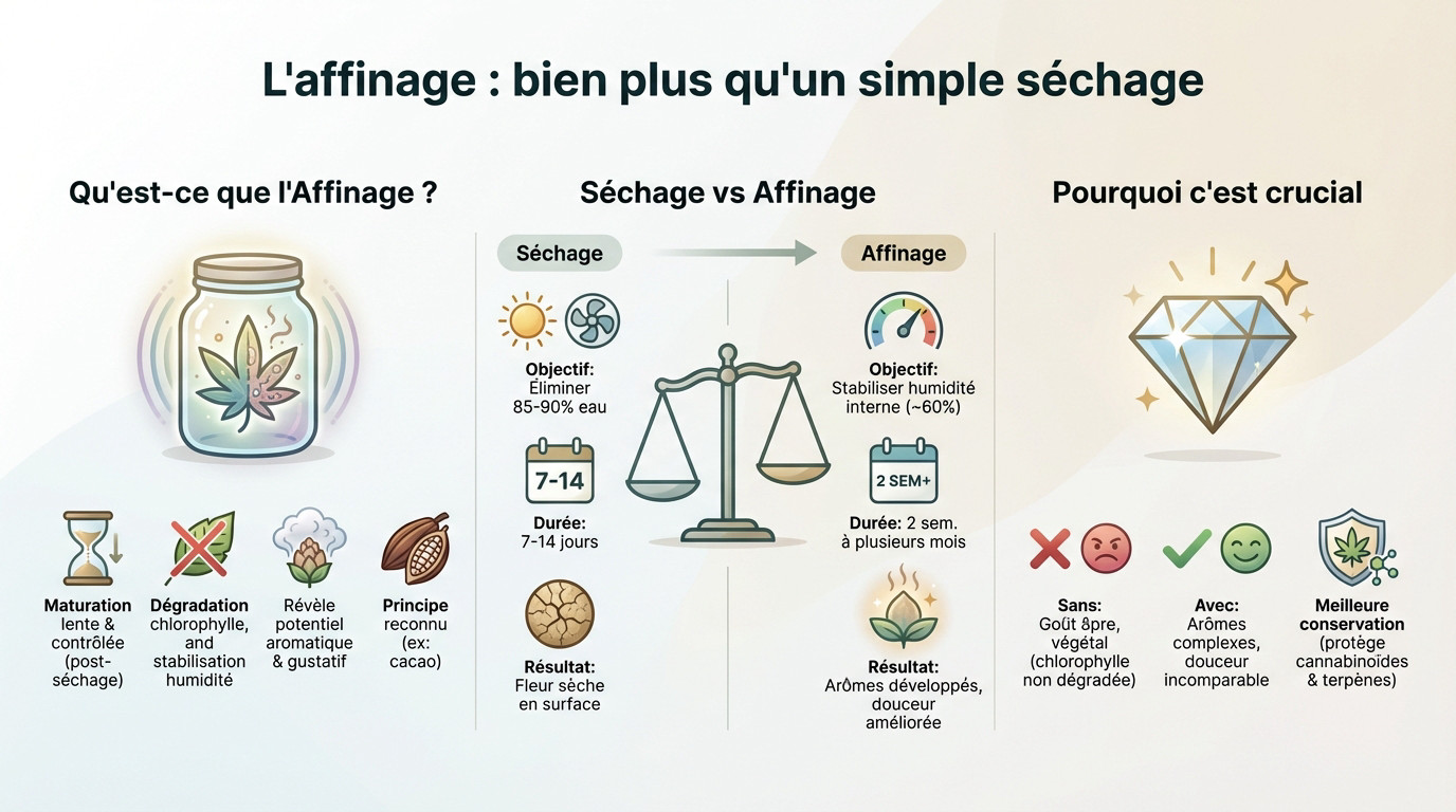 Processus d'affinage et de curing des fleurs de CBD en bocal verre hermétique