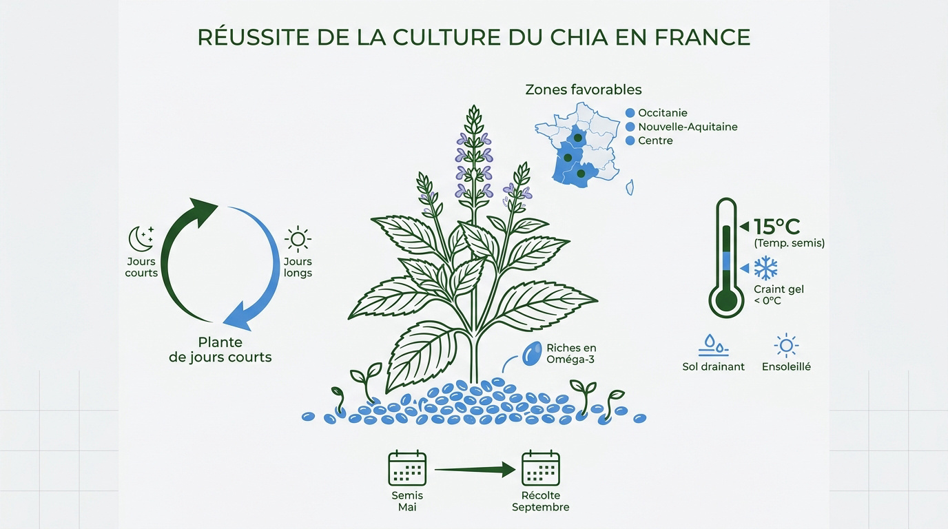 Culture de chia en plein champ sous le soleil français