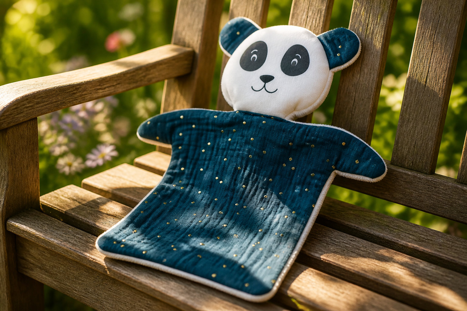 Doudou Panda en double gaze bleu pétrole et points dorés