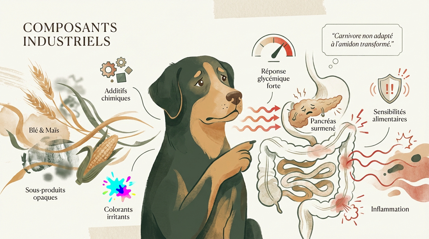 Chien mâchant un bâtonnet dentaire industriel mettant en évidence les risques digestifs