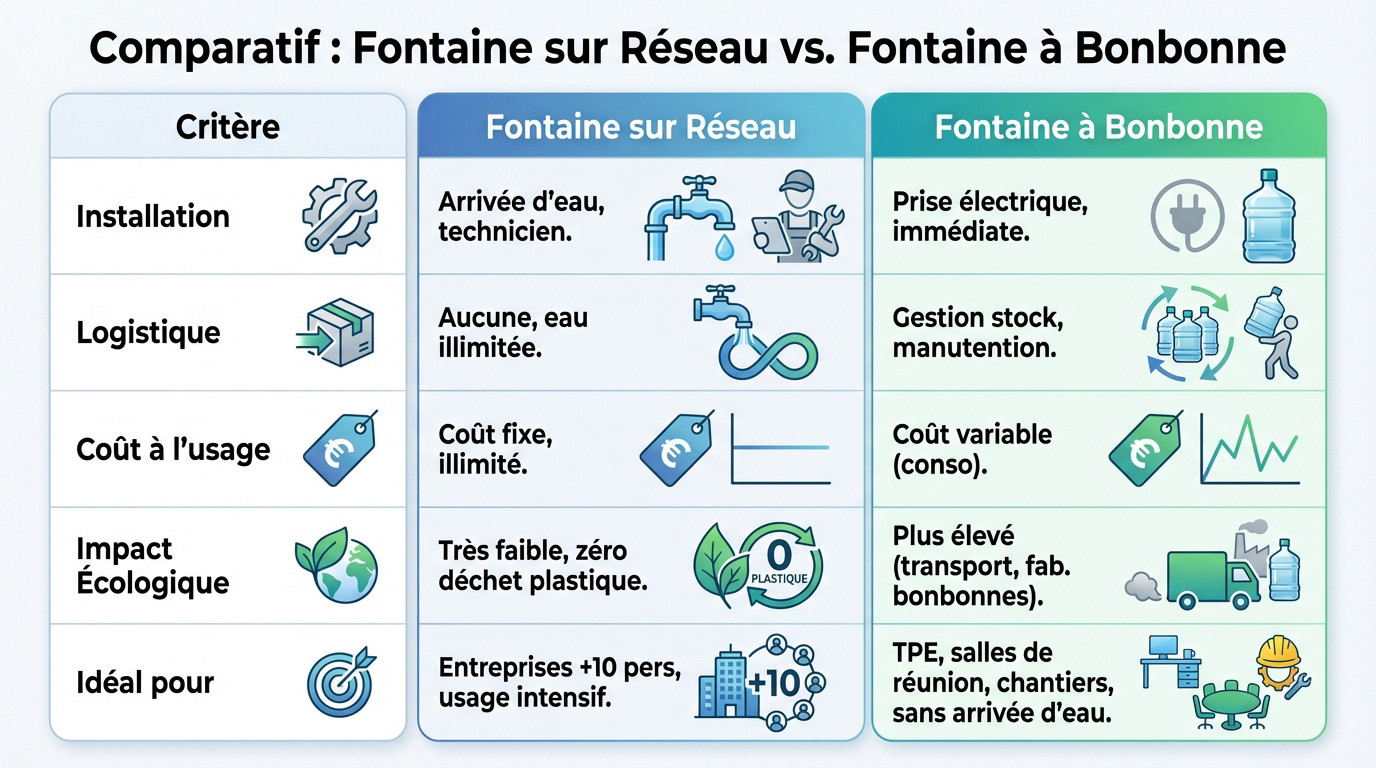 Comparatif technique entre fontaine r&eacute;seau et fontaine bonbonne pour entreprise