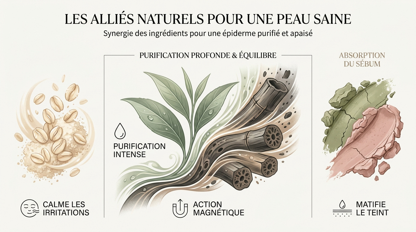 Ingrédients naturels comme le charbon et l'argile pour le soin de la peau acnéique
