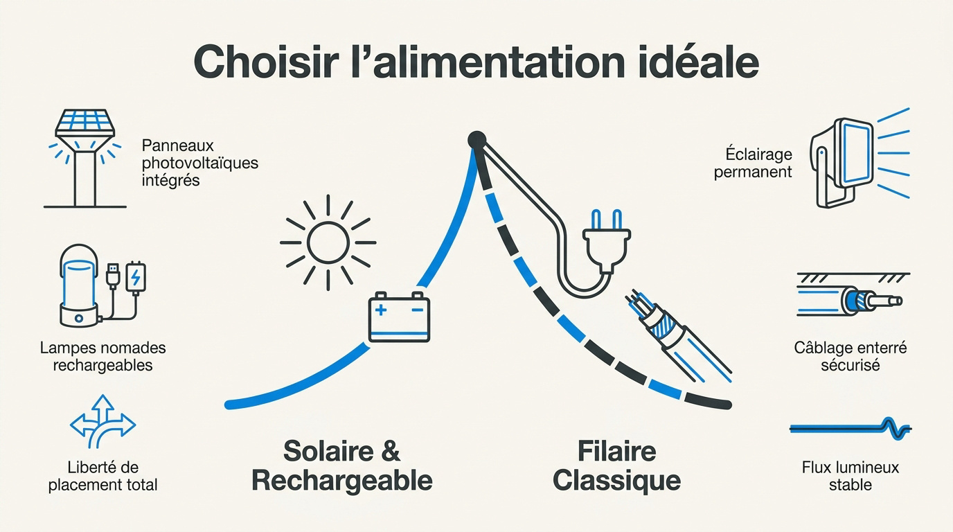 Infographie comparative entre alimentation solaire et filaire pour lampe-exterieur