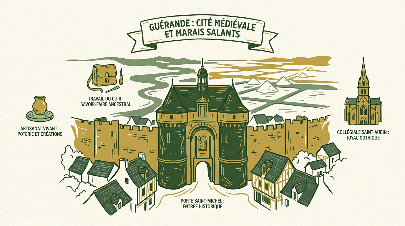 Vue aérienne des remparts de la cité médiévale de Guérande et des marais salants environnants