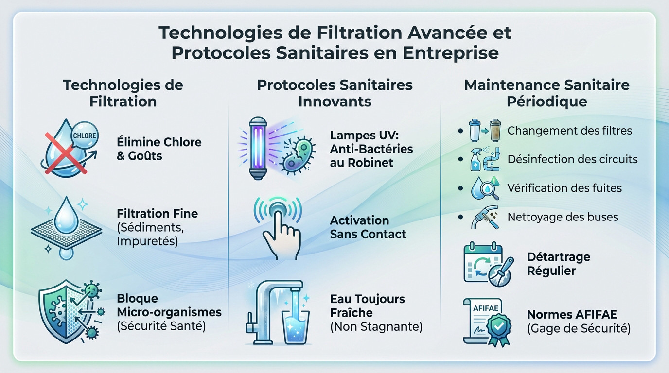 Système de filtration et hygiène pour fontaine à eau en entreprise