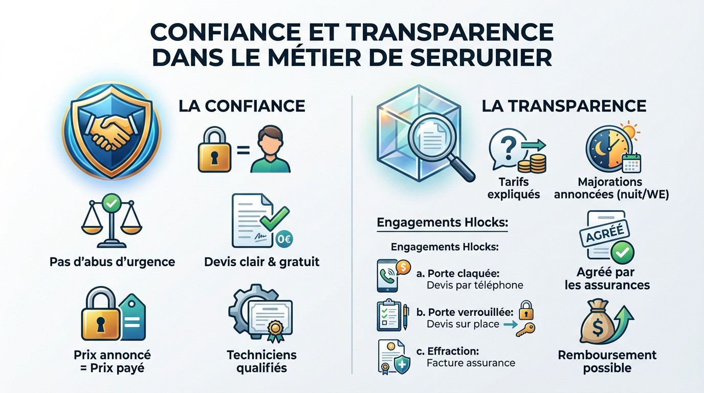 Serrurier professionnel expliquant un devis transparent à un client à Jette