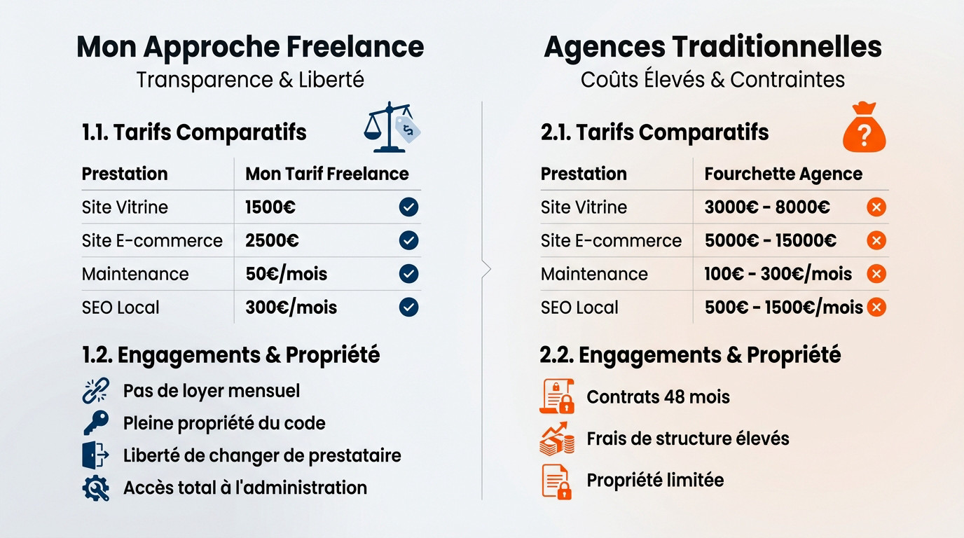 Comparatif tarifs freelance vs agence web et engagements contractuels