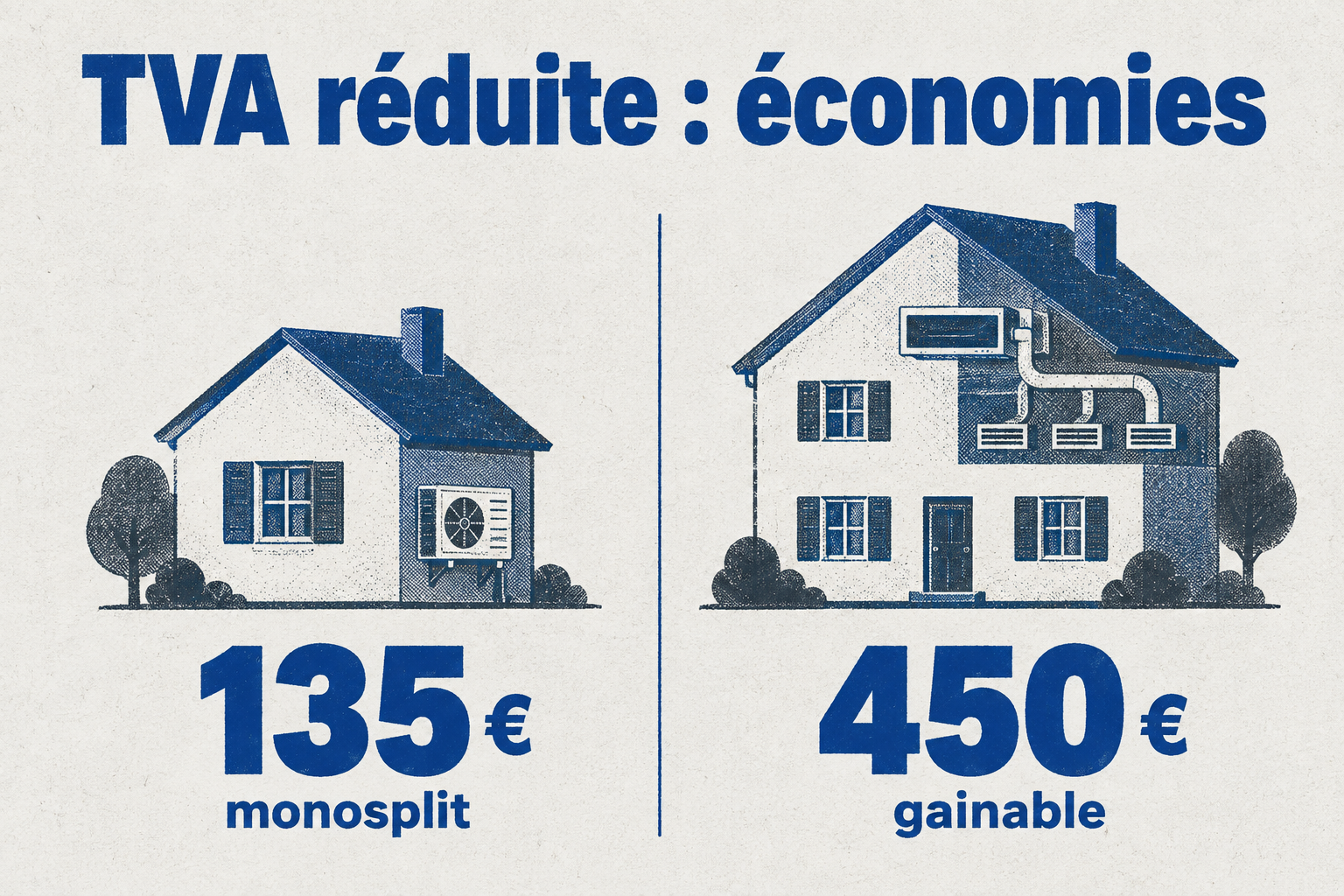 La TVA réduite permet d'économiser 135 € sur un monosplit et 450 € sur un gainable.