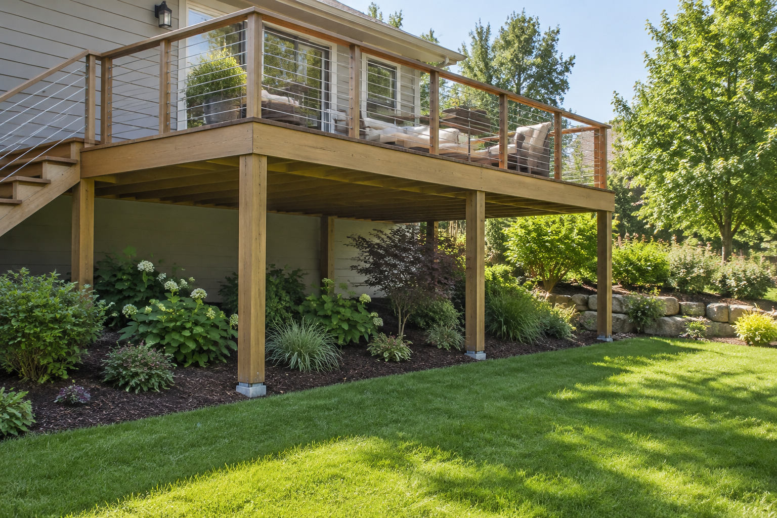 Terrasse surélevée en bois montée sur des plots, au-dessus d'un jardin