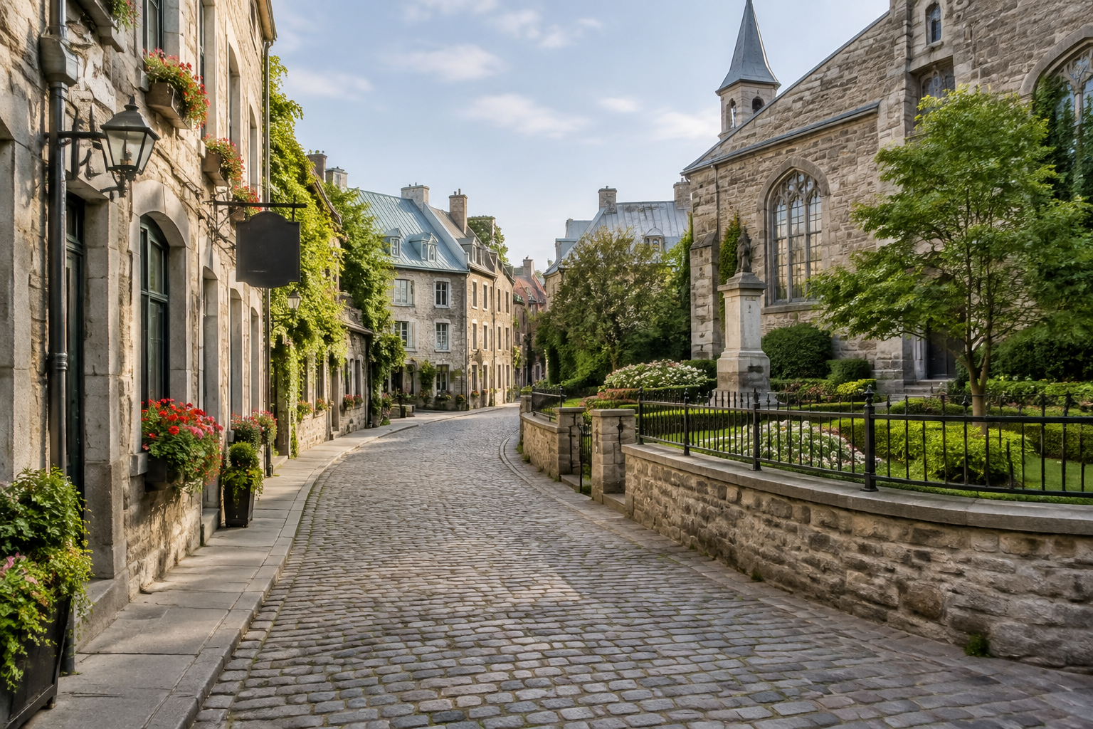 Ruelle d'un quartier ancien protégé avec maisons historiques et jardinet