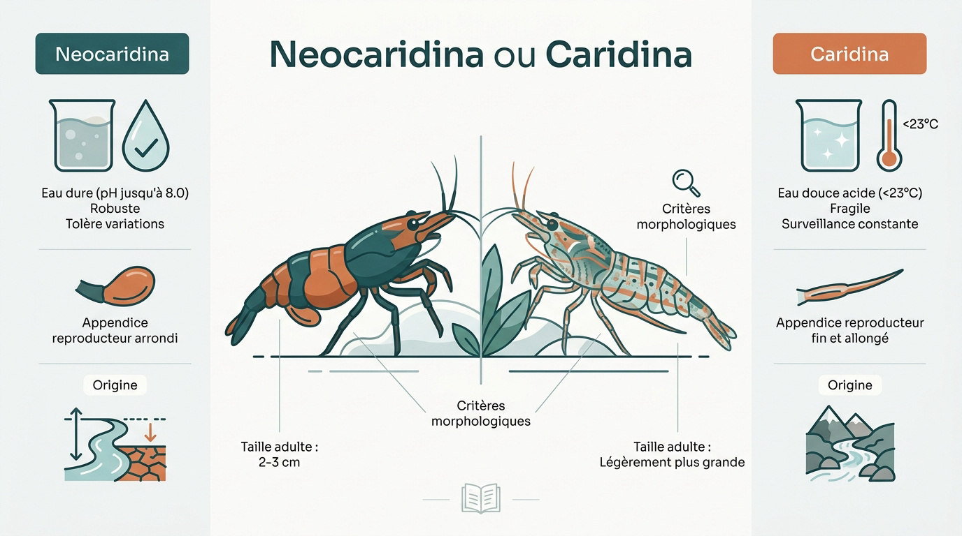 Comparaison visuelle entre crevettes Neocaridina et Caridina en aquarium