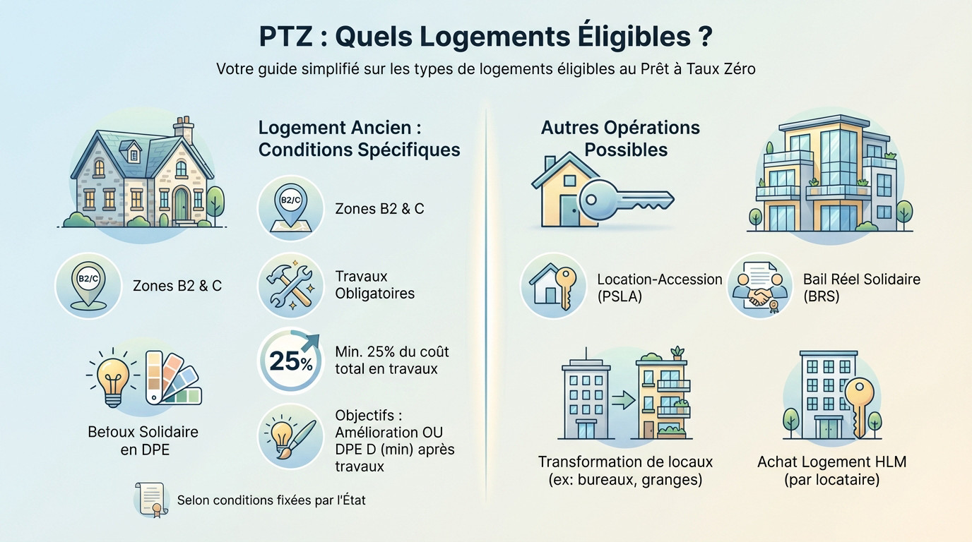 Illustration des types de logements éligibles au Prêt à Taux Zéro (PTZ) 2026 : ancien avec travaux et neuf sous conditions