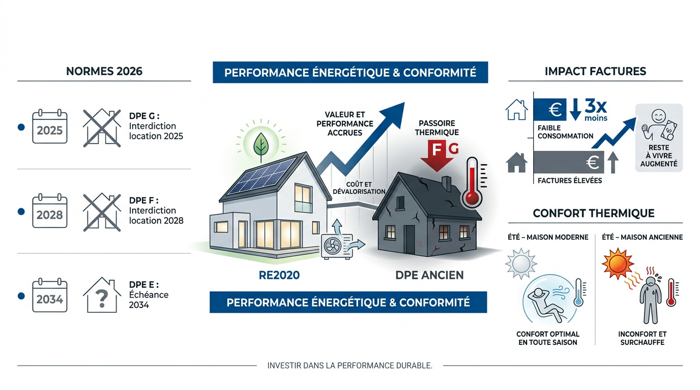 Comparaison performance énergétique entre logement neuf RE2020 et rénovation ancien