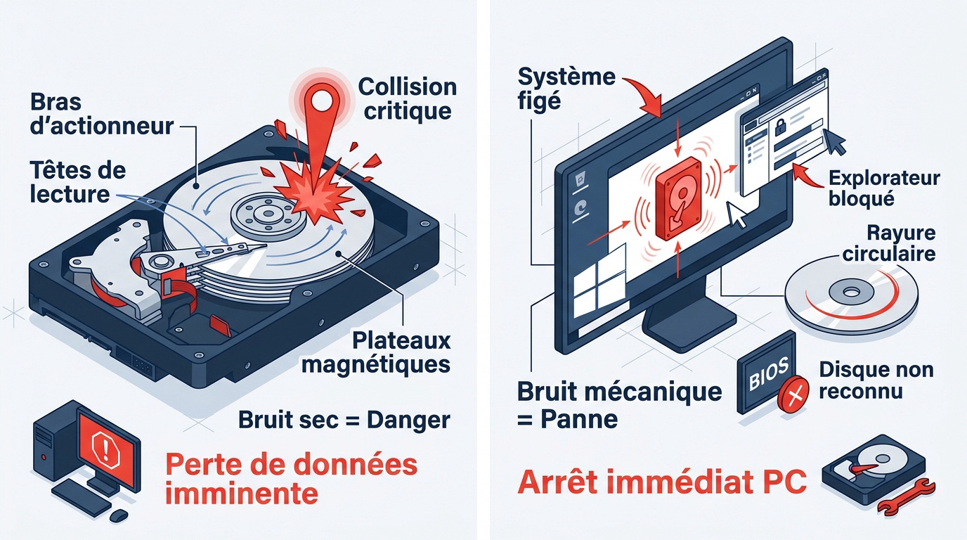 Schéma d'une collision de tête de lecture sur un plateau de disque dur provoquant une panne mécanique