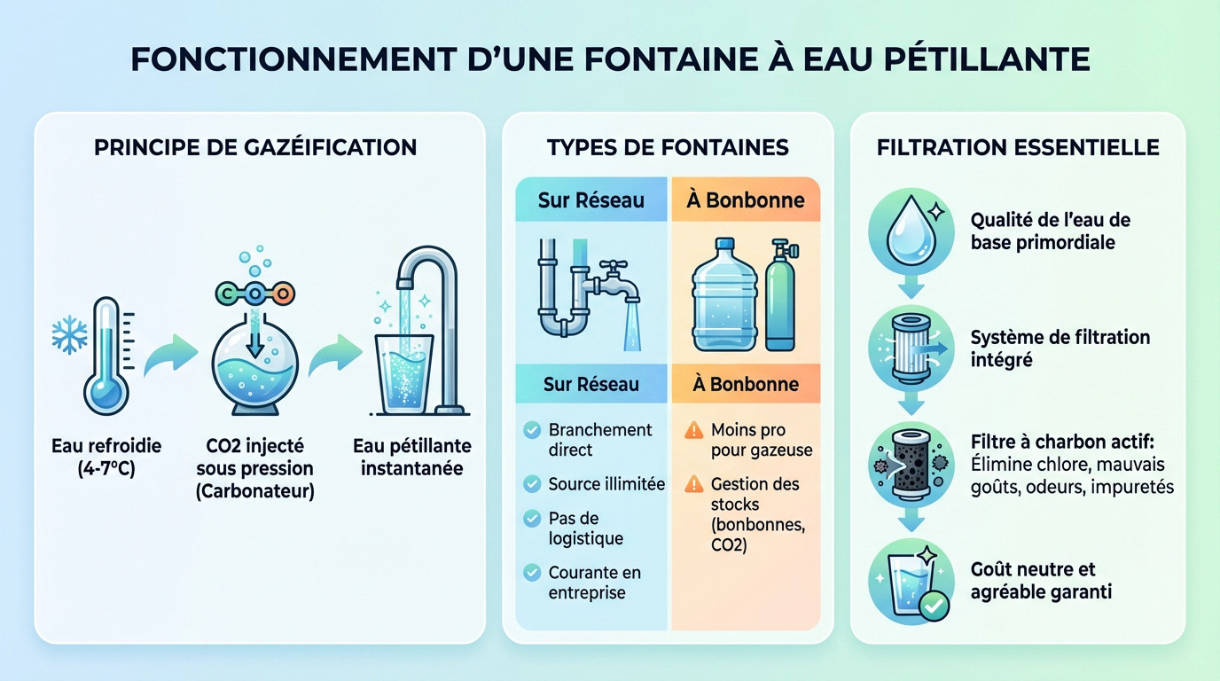 Schéma explicatif du fonctionnement interne d'une fontaine à eau gazeuse avec injection de CO2 et refroidissement
