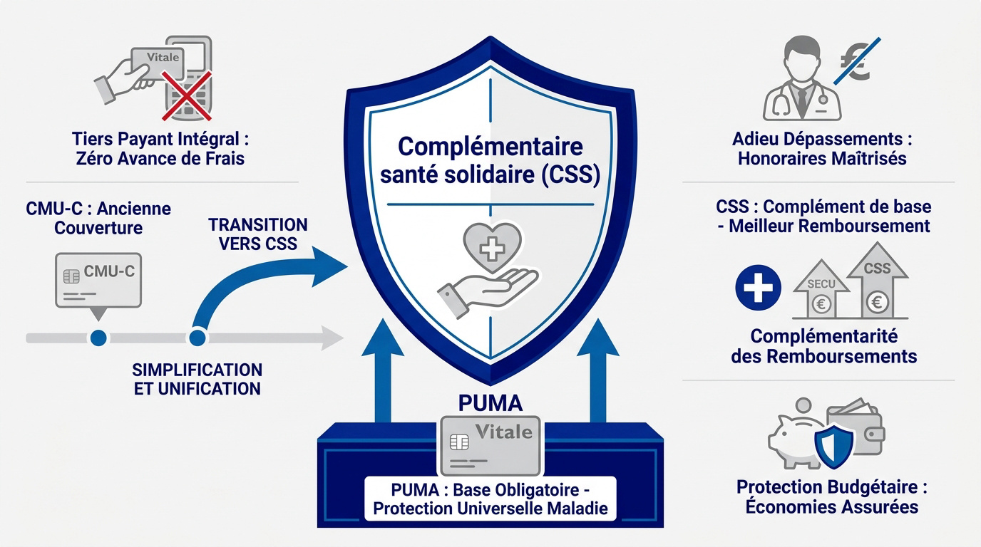 Infographie explicative sur le fonctionnement et les avantages de la Complémentaire Santé Solidaire CSS