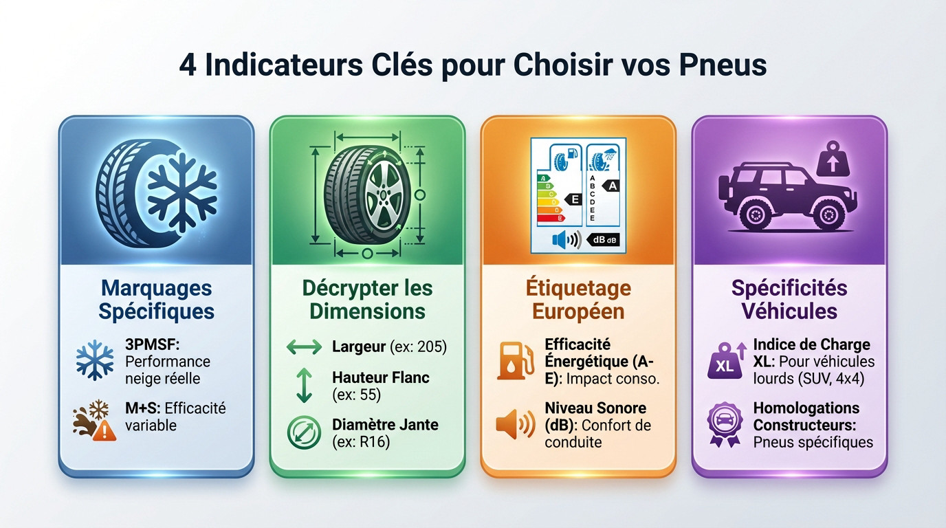 Schéma explicatif des indicateurs techniques sur le flanc d'un pneu