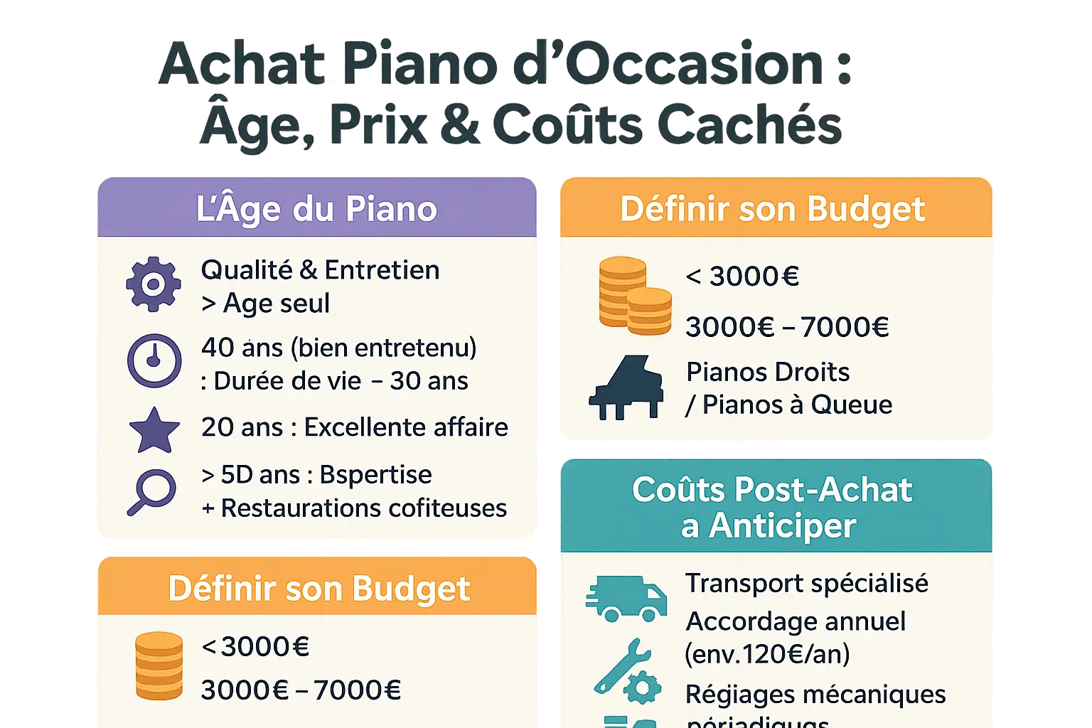 Piano d'occasion avec clé à molette et euros