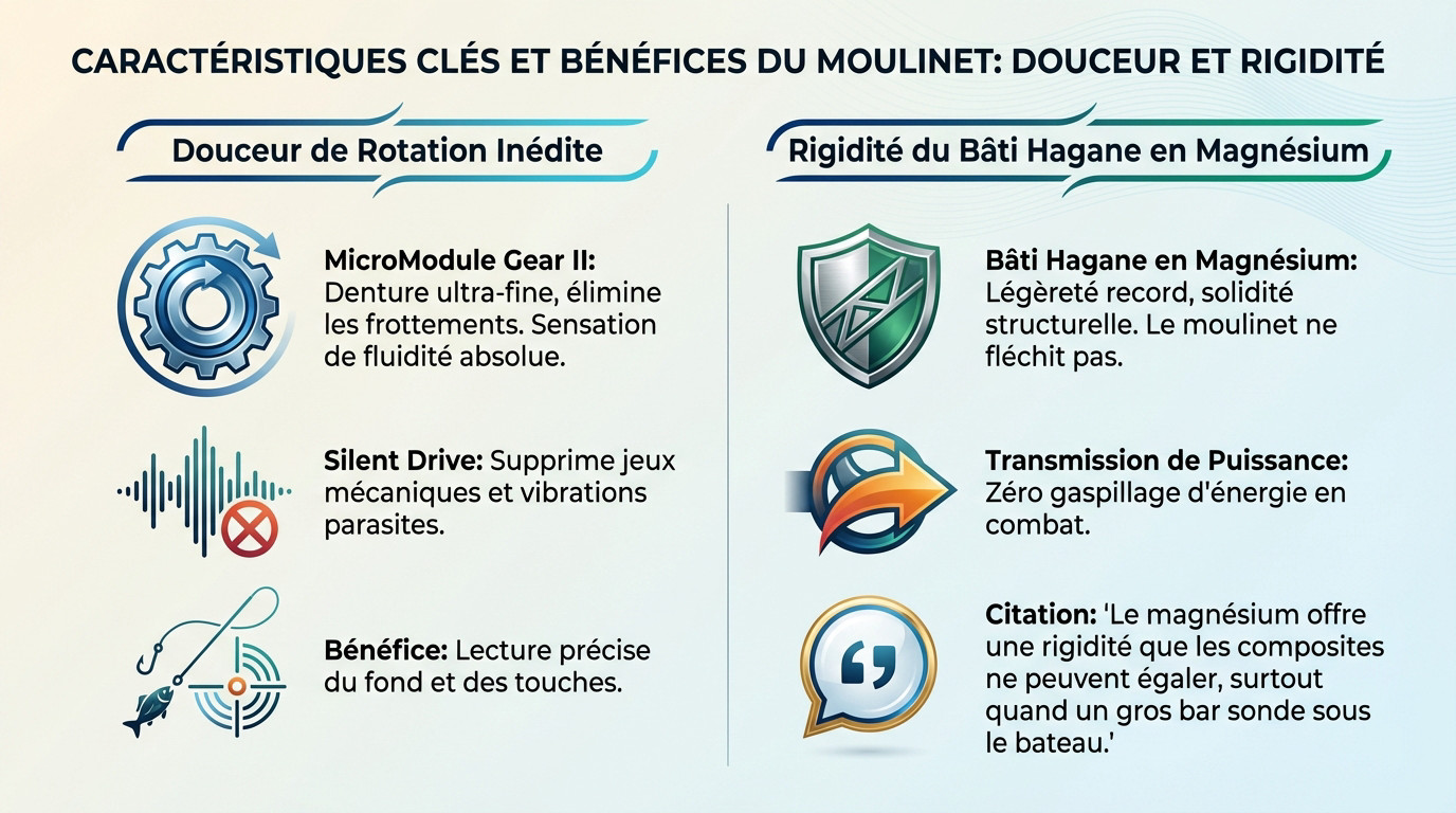 Détails techniques du moulinet Shimano Exsence montrant la fluidité et la robustesse du bâti