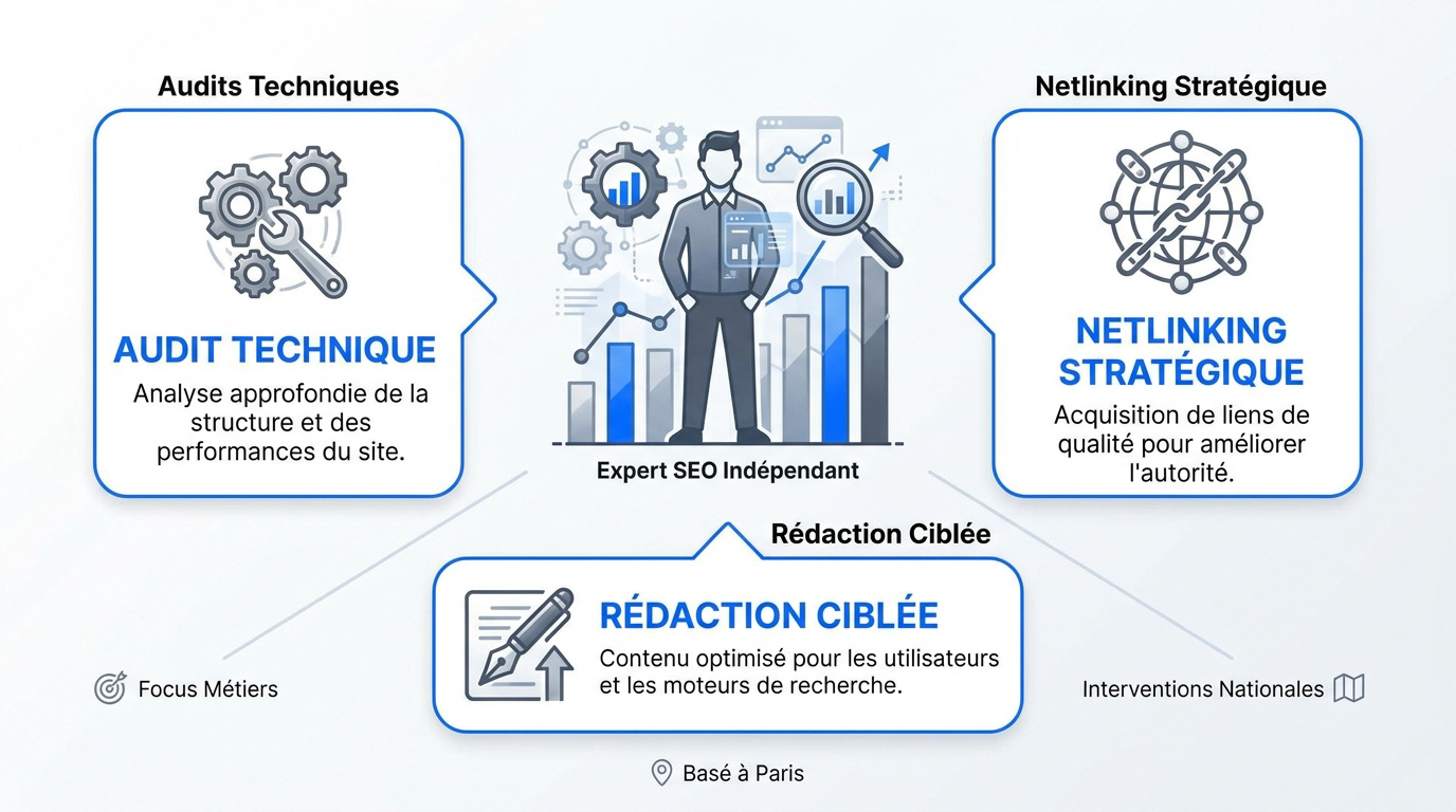 Infographie présentant les services d'audit SEO et netlinking d'Anthony Russo