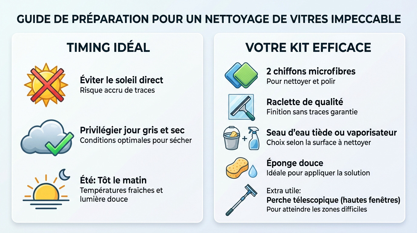 Matériel de nettoyage vitres disposé sur une table pour une préparation efficace