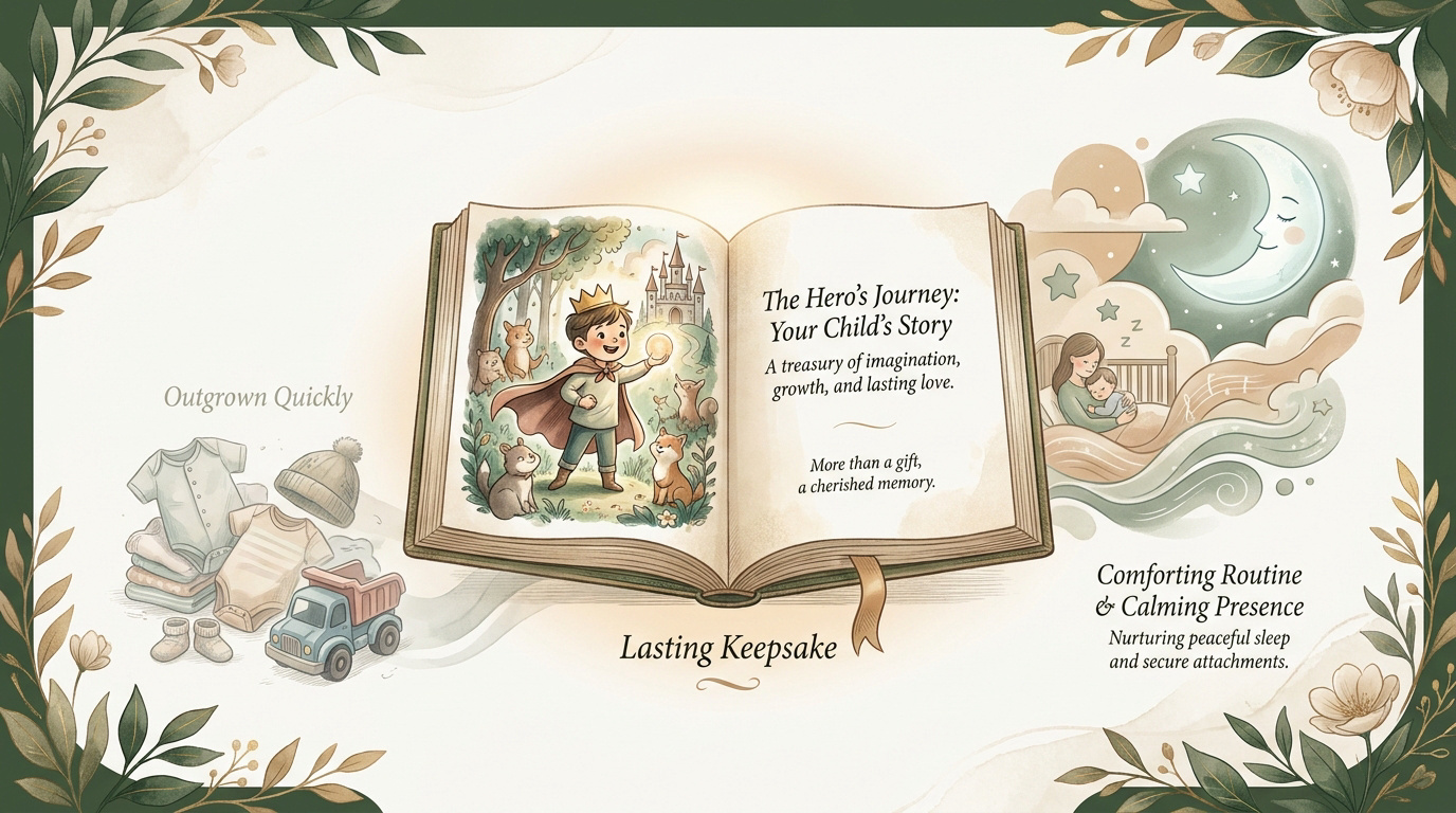 Comparison between lasting personalized books and outgrown baby clothes