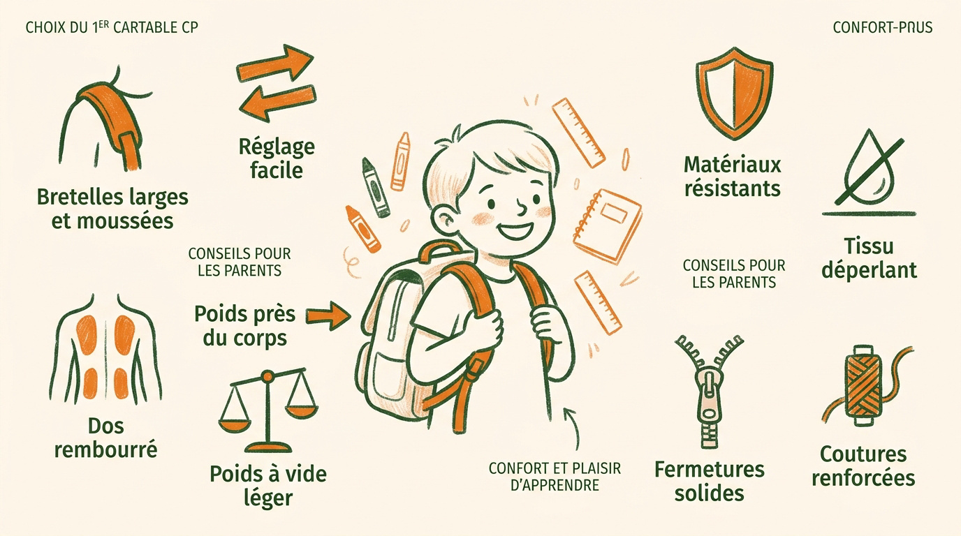 Liste de fournitures scolaires CP : la checklist complète Enfant choisissant son premier cartable pour la rentrée en CP