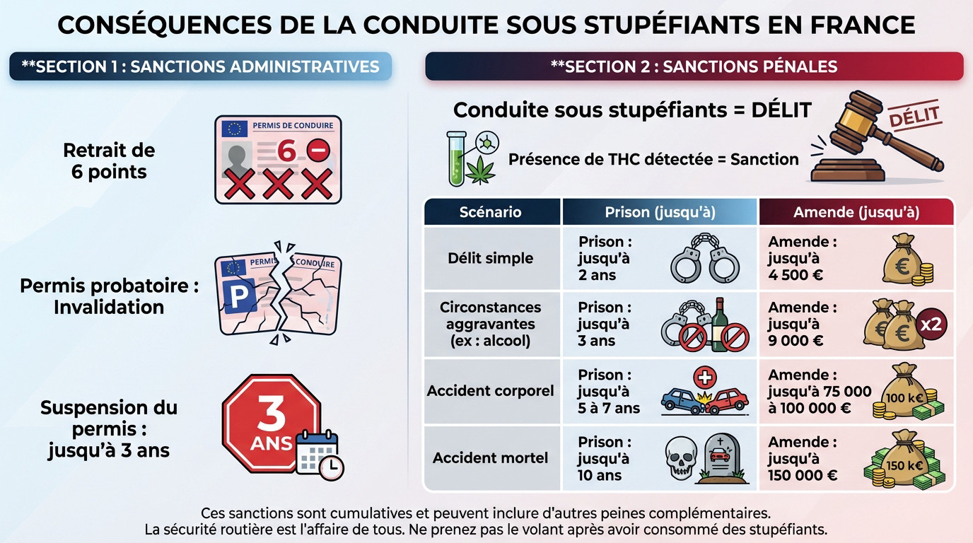 Tableau récapitulatif des sanctions pour conduite sous stupéfiants en France