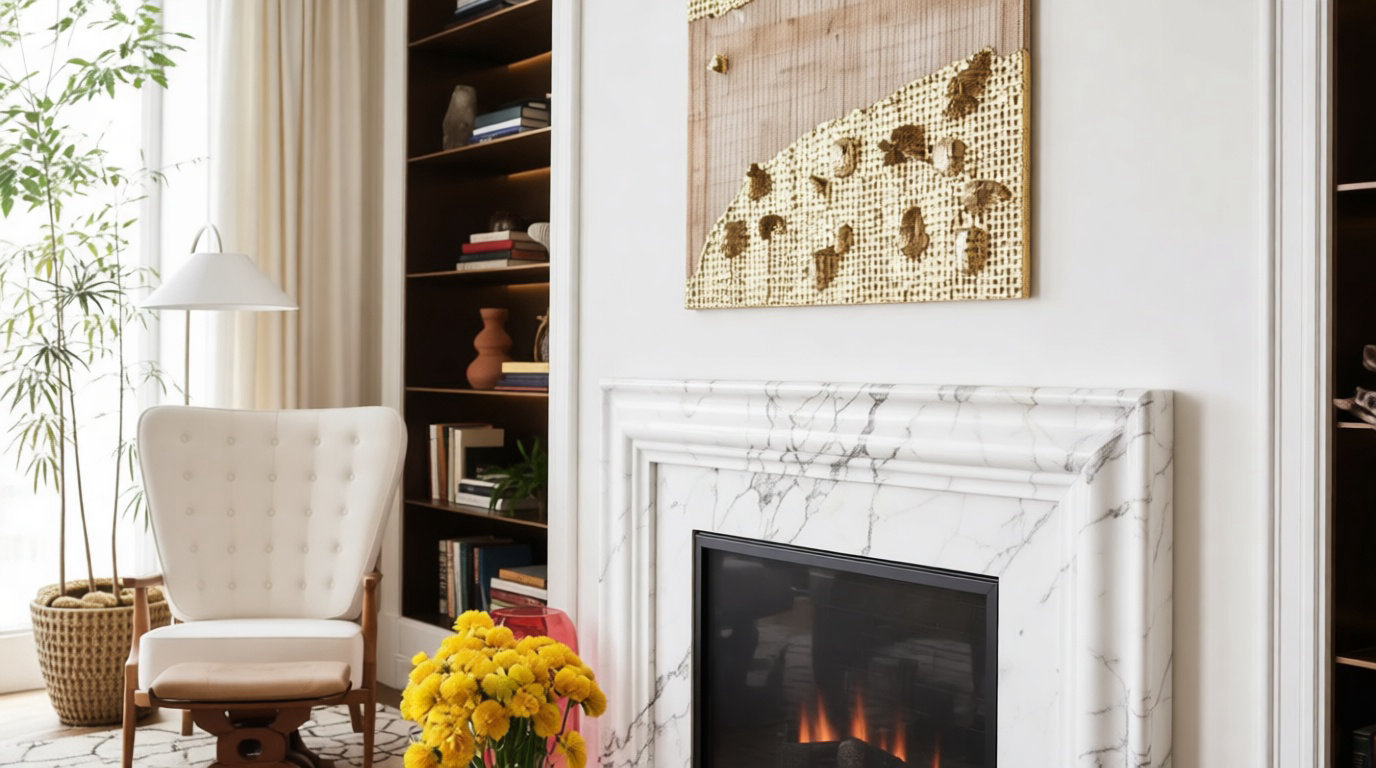 Salon lumineux avec cheminée en marbre et fauteuil vintage — mix contemporain et années 70 réussi