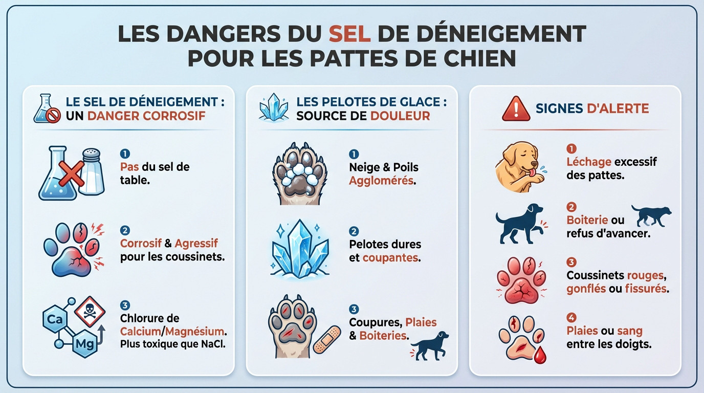 Chien marchant dans la neige avec des bottines de protection pour éviter les brûlures du sel