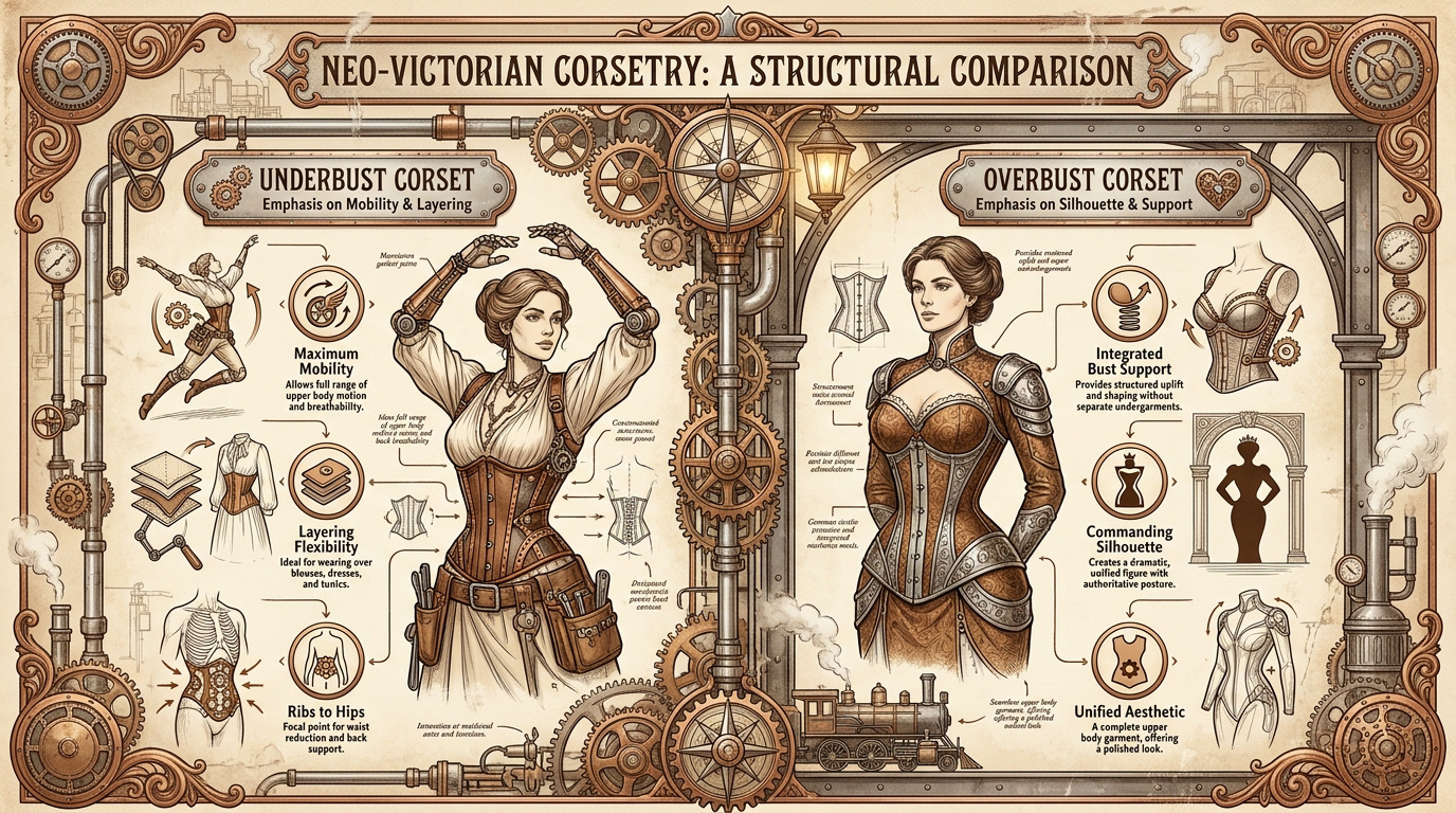 Comparison of underbust and overbust steampunk corsets showcasing different silhouettes and layering styles