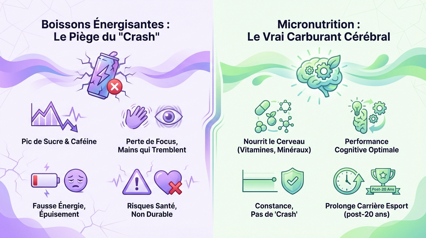 Comparaison entre le crash des boissons énergisantes et l'énergie stable de la micronutrition pour l'esport