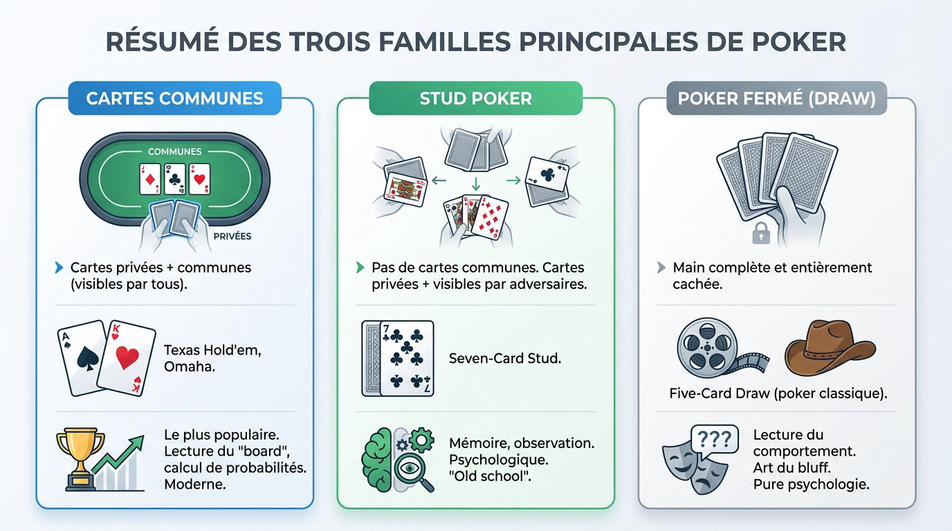 Illustration résumant les trois familles principales de poker : cartes communes, stud et fermé