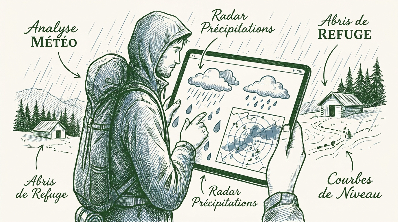 Randonneur analysant les prévisions météo sur son smartphone sous une pluie fine en montagne