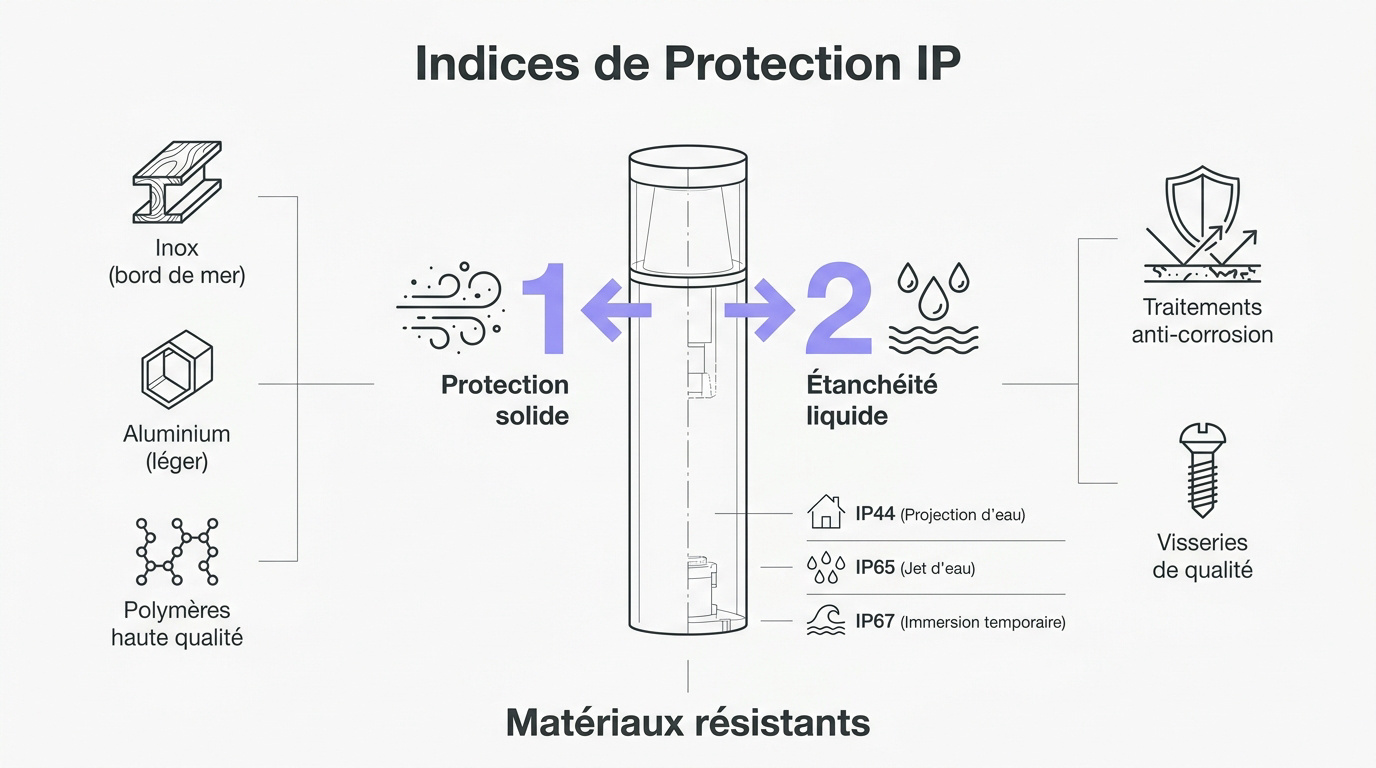 Tableau récapitulatif des indices de protection IP pour luminaires extérieurs