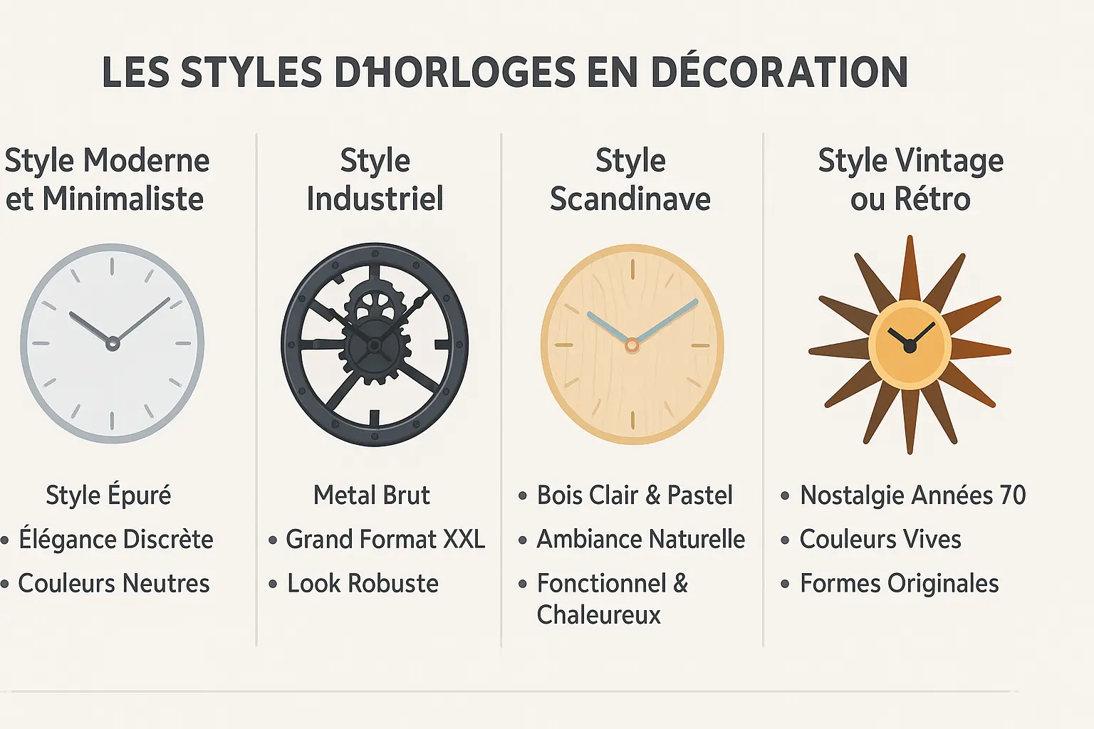 Illustration des différents styles d'horloges murales