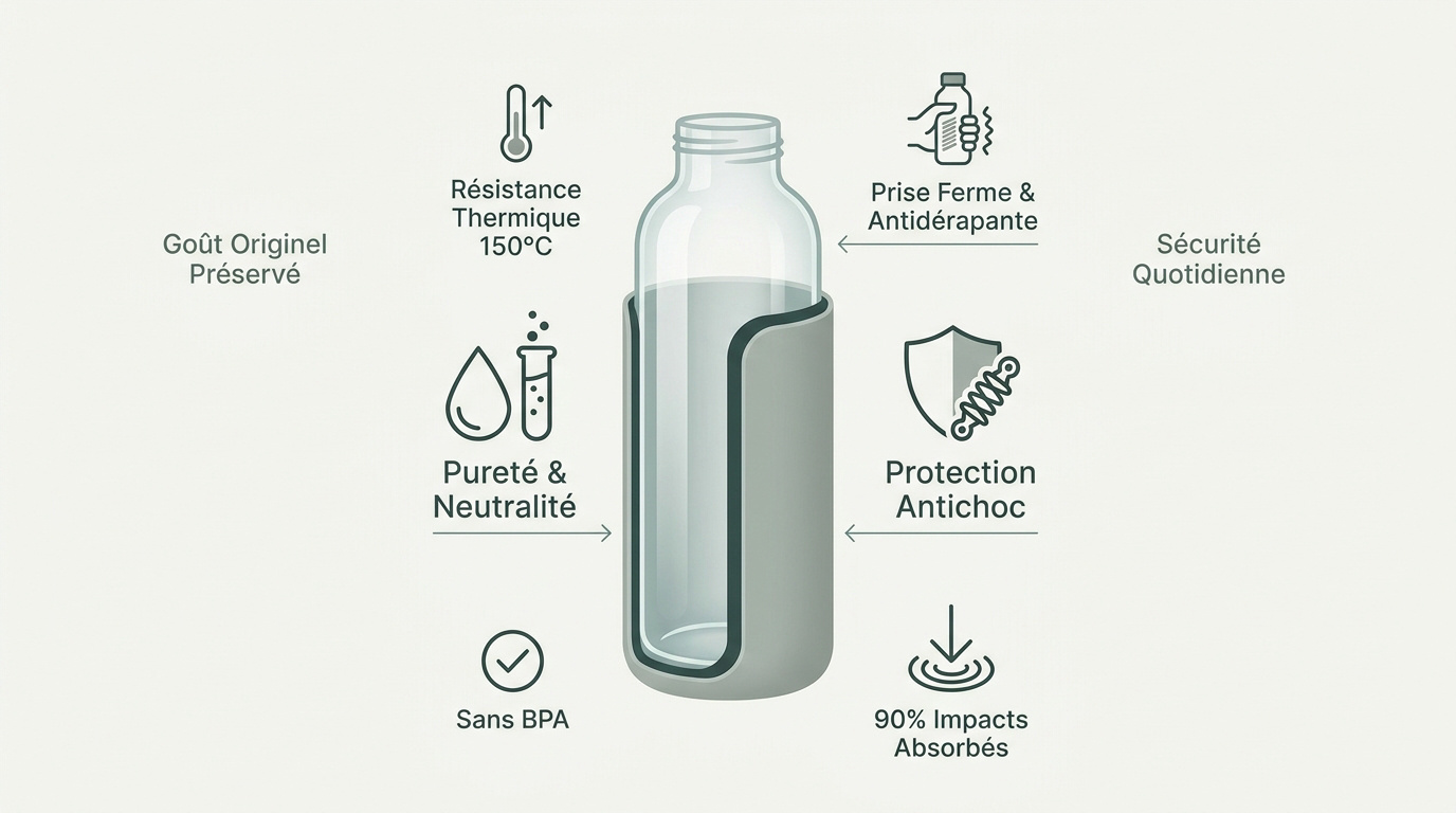 Infographie technique montrant la résistance du verre borosilicate et de sa housse en silicone